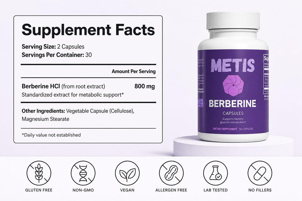 Metis Berberine Capsules | 800mg | Blood Sugar & Metabolism Support | 60 Vege Caps