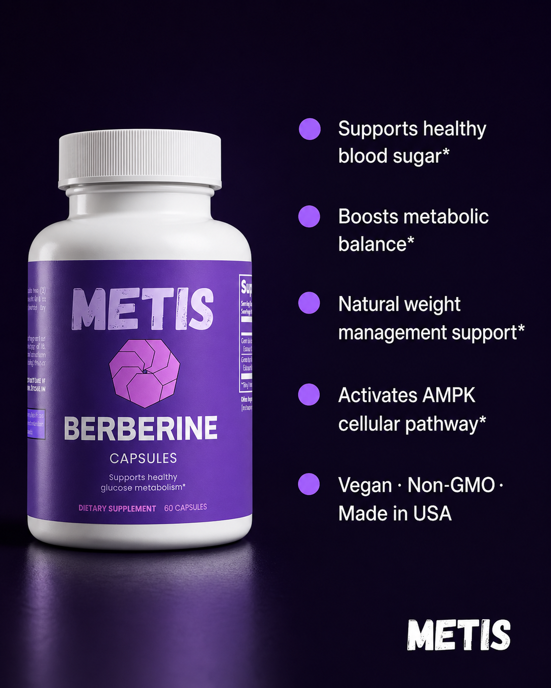 Metis Berberine Capsules | 800mg | Blood Sugar & Metabolism Support | 60 Vege Caps